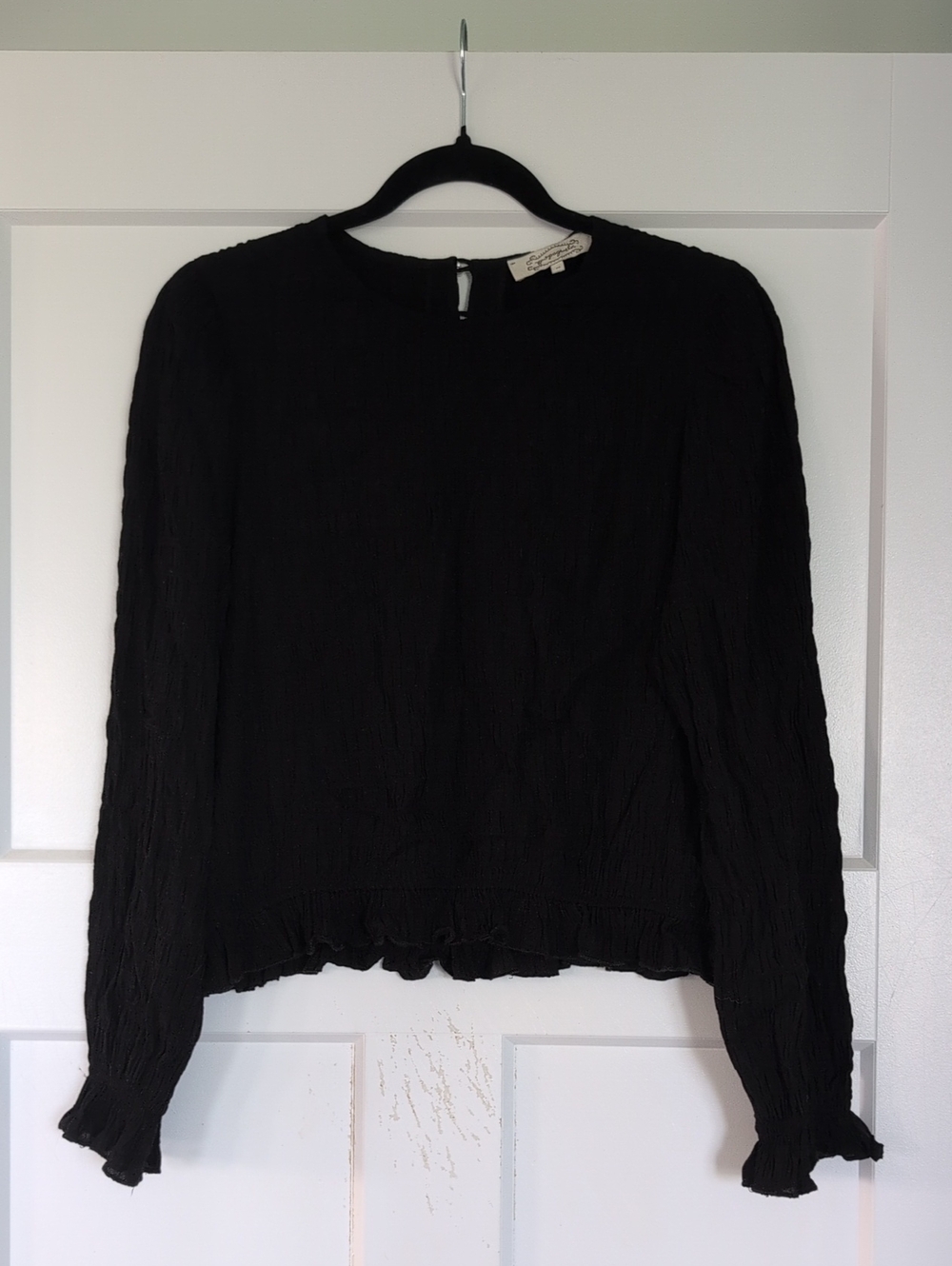Black Long-Sleeve Ruffled Texture Blouse